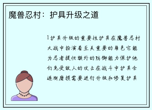 魔兽忍村：护具升级之道